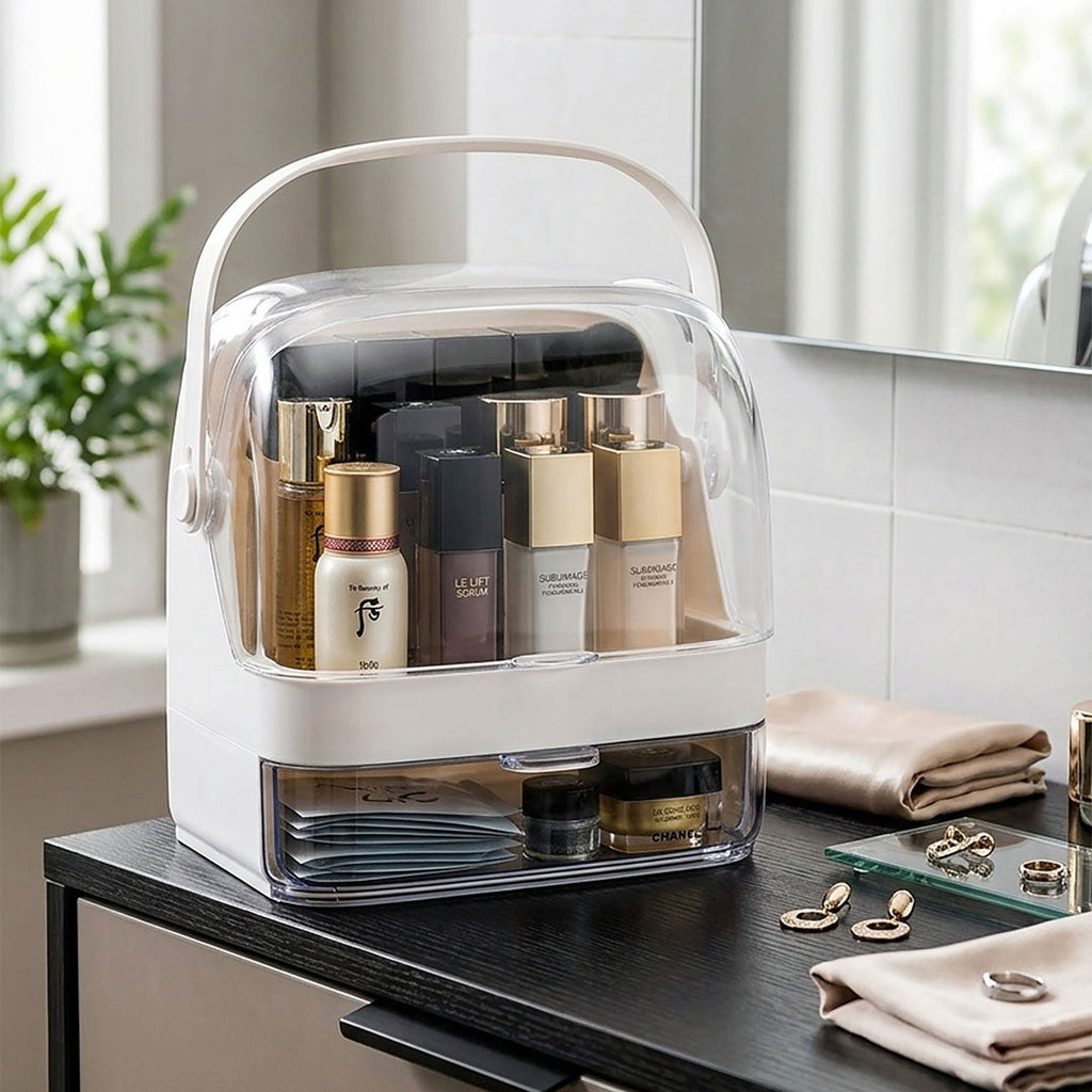 SOGA 2X 2 Tier White Countertop Makeup Cosmetic Storage Organiser Skincare Holder Jewelry Storage Box with Handle