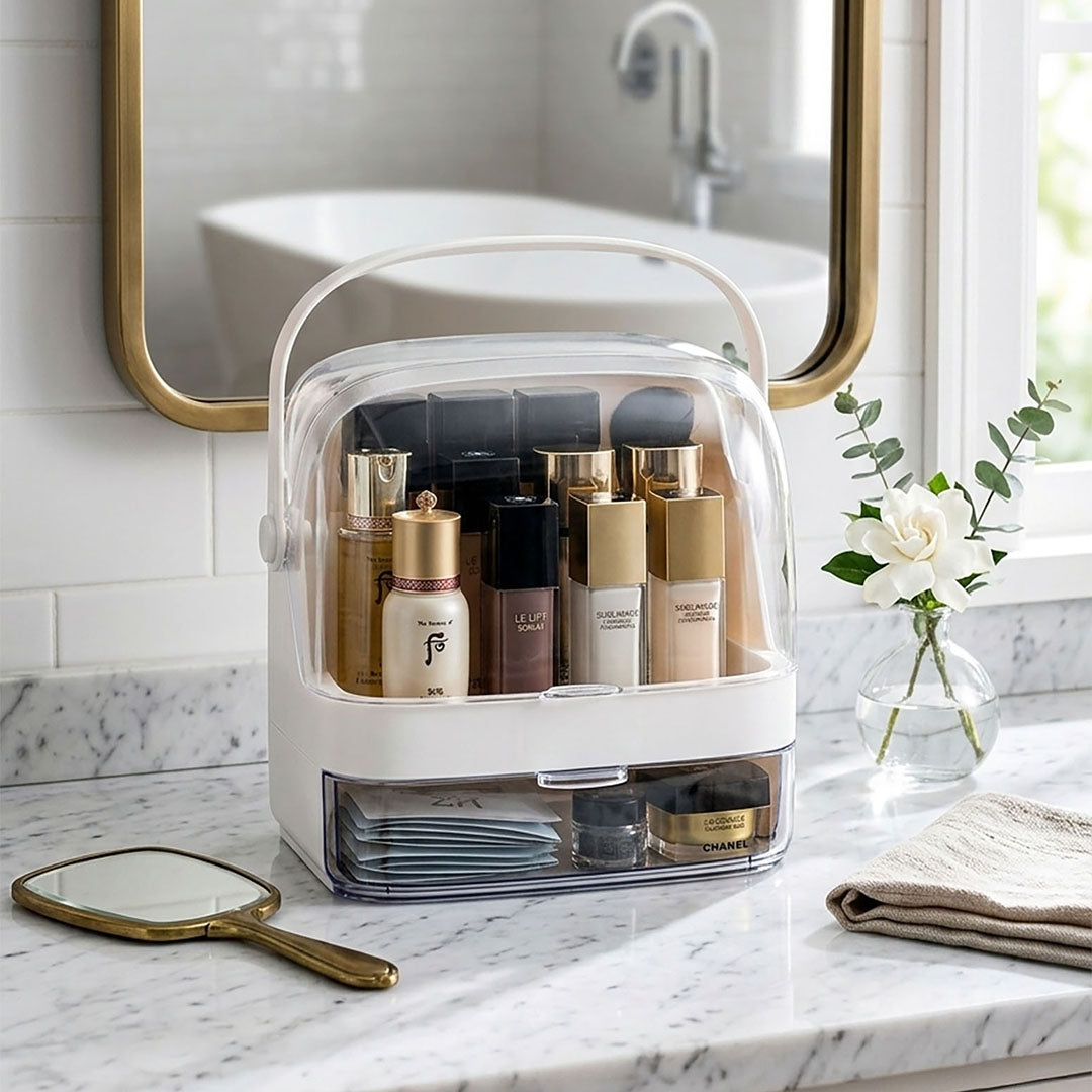 SOGA 2X 2 Tier White Countertop Makeup Cosmetic Storage Organiser Skincare Holder Jewelry Storage Box with Handle
