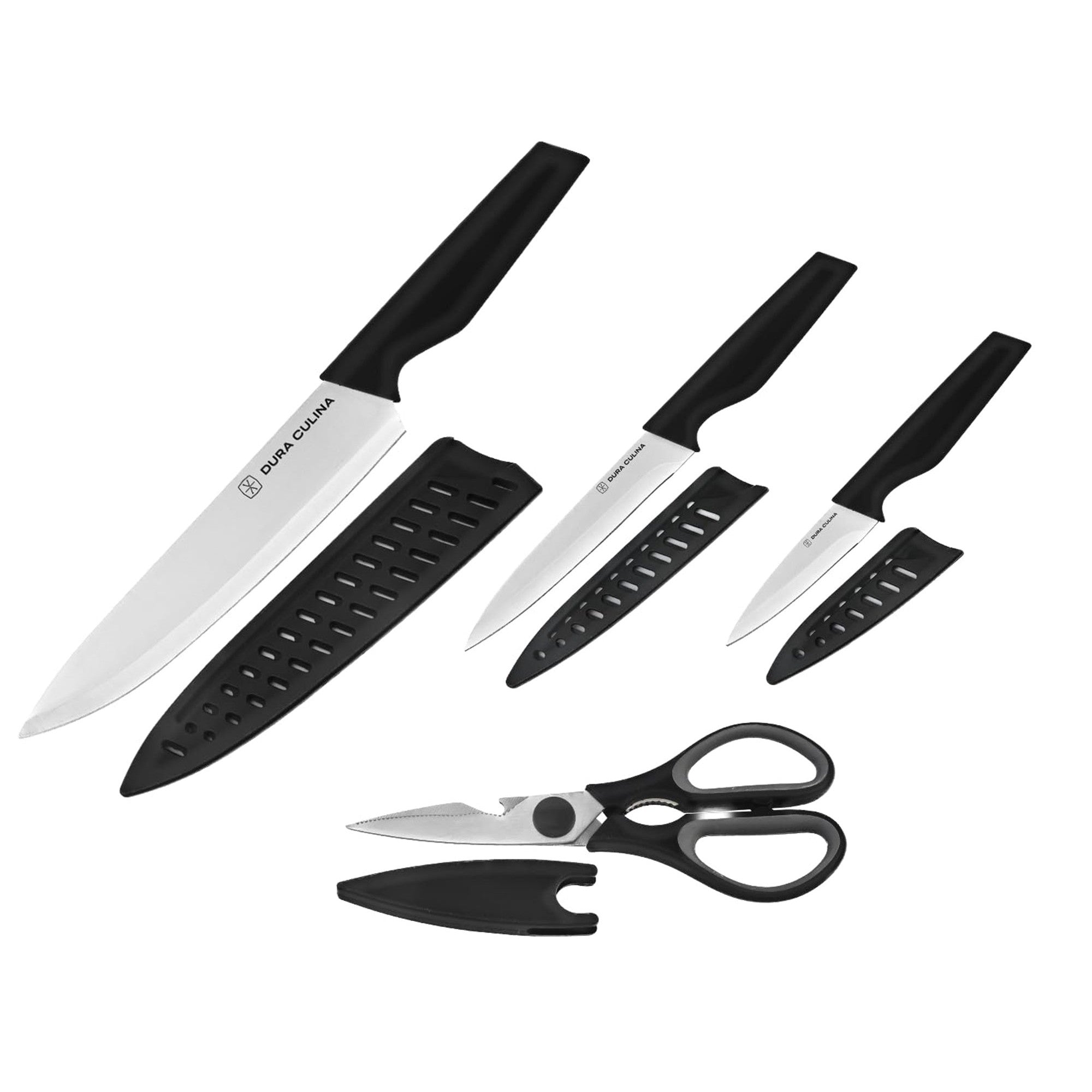 4-Piece Knife Set - High Carbon Stainless Steel Kitchen Knives with Ergonomic Handles, Matching Blade Guards, Multi-Purpose Shears