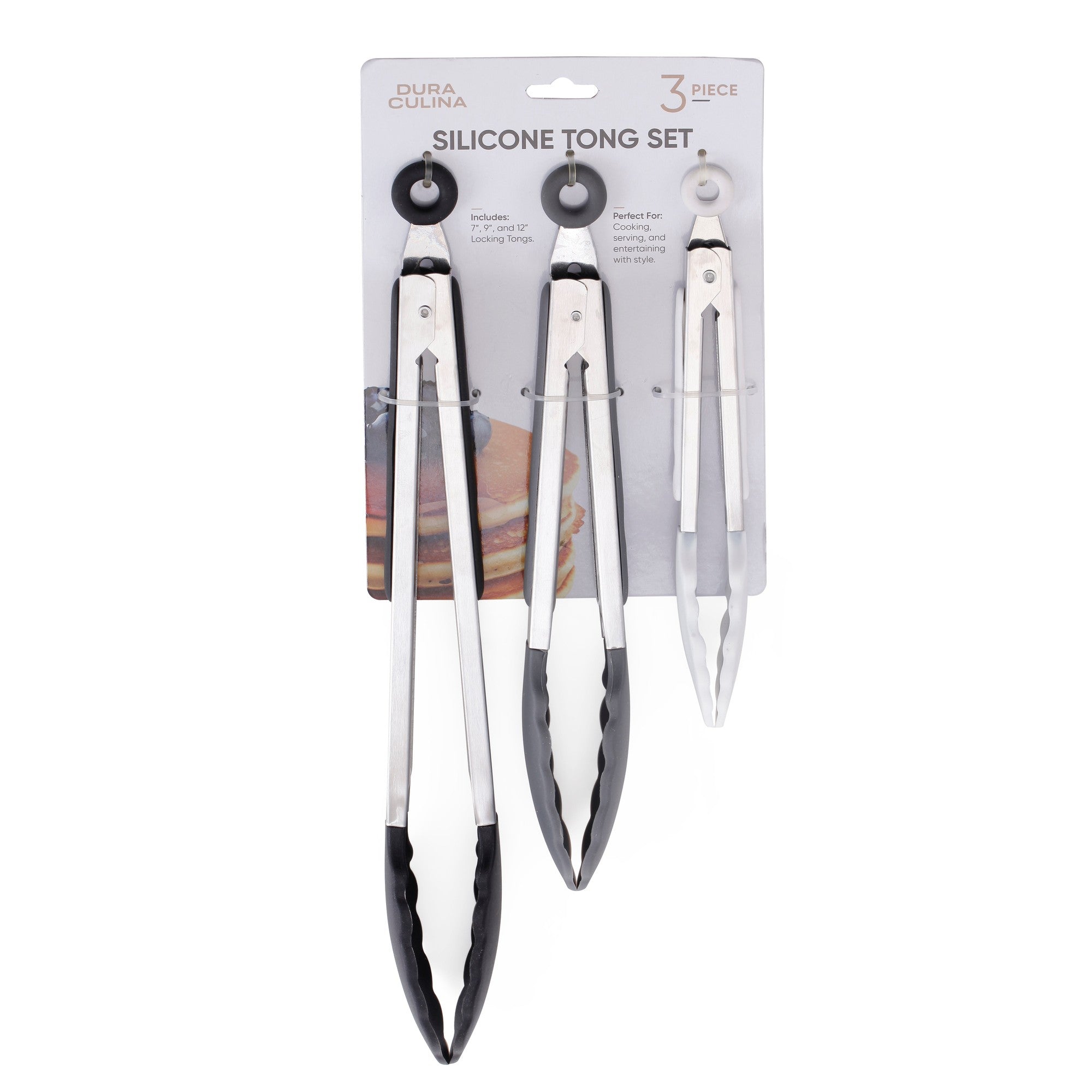 3-Piece Kitchen Tong Set For Versatile Cooking & Serving (Gray, Black, White)
