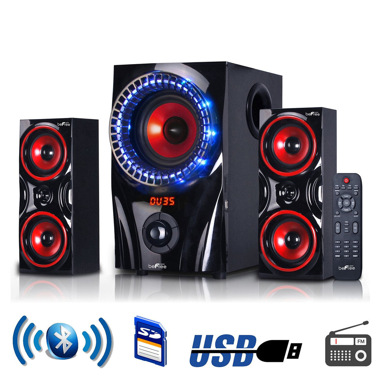beFree 2.1 Bluetooth Surround Speaker – Bold Red | Deep Bass & Wireless Sound