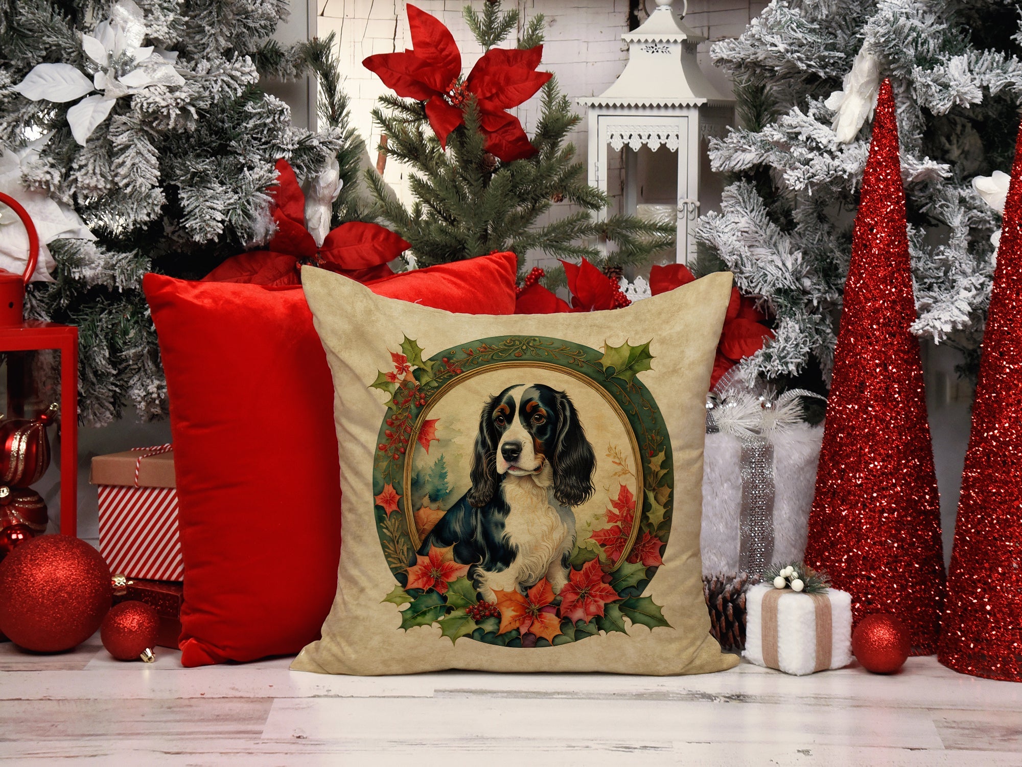 Christmas Flowers Throw Pillow.. English Springer Spaniel