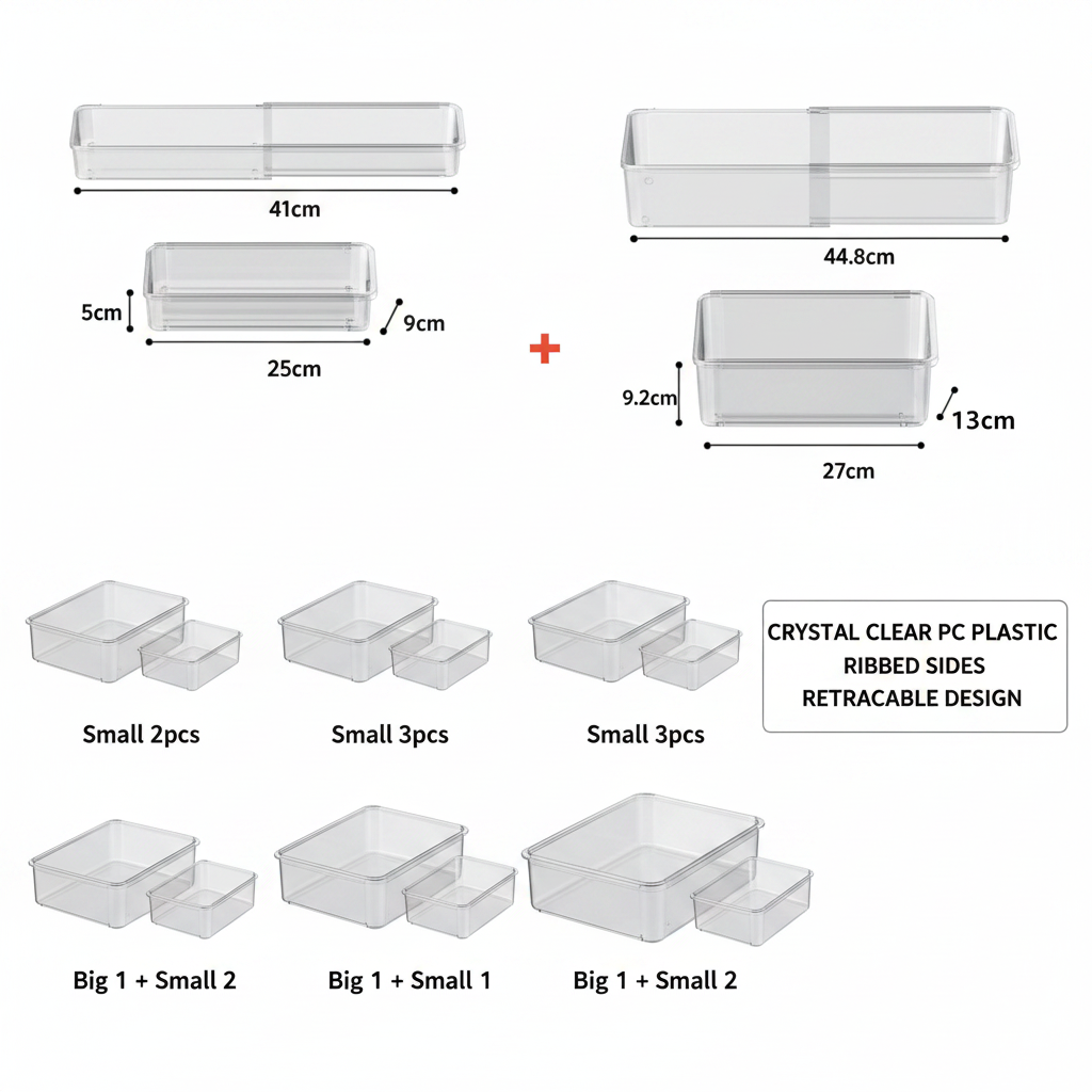 Transparent Drawer Organizer Boxes | Retractable Kitchen & Desk Storage Set