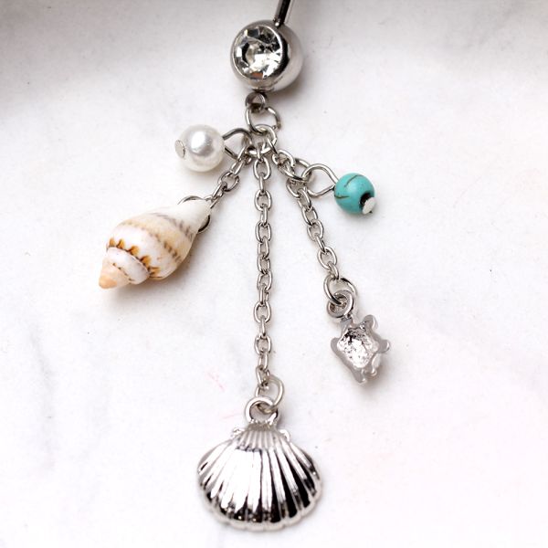 Beach Charms Dangle Belly Ring | Seashell, Turtle & Bead | 316L Surgical Steel