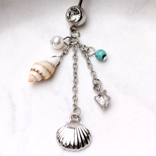 Beach Charms Dangle Belly Ring | Seashell, Turtle & Bead | 316L Surgical Steel