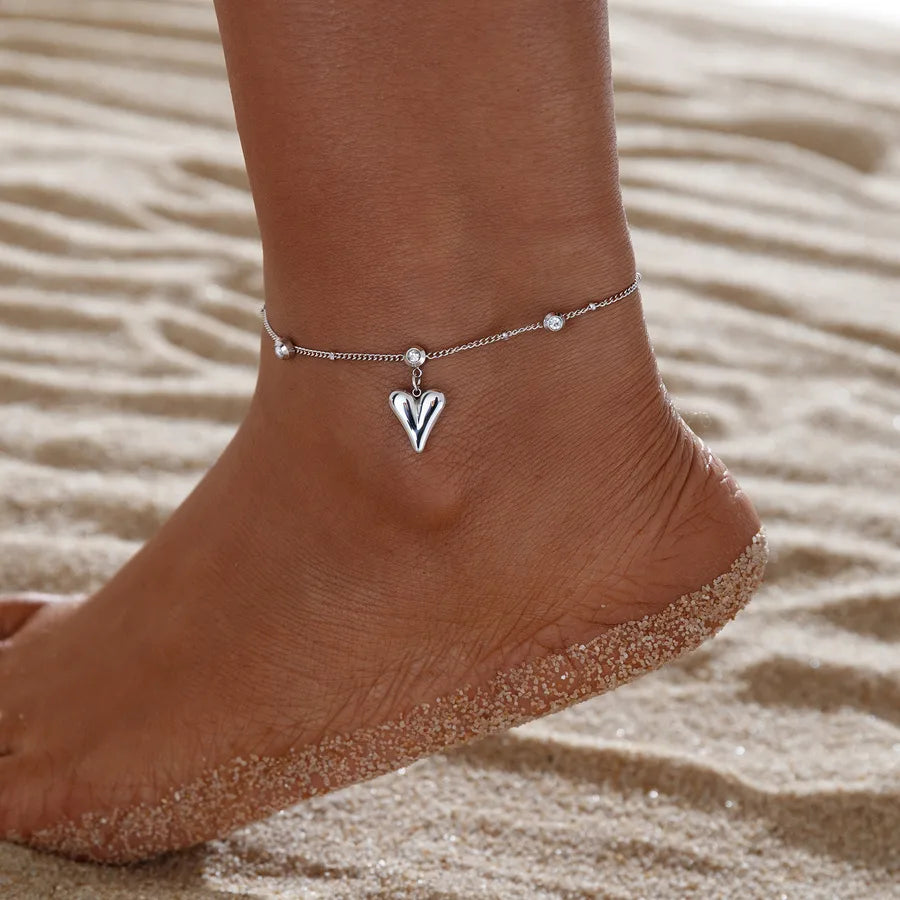 Waterproof Heart Pendant Titanium Steel Anklet for Women